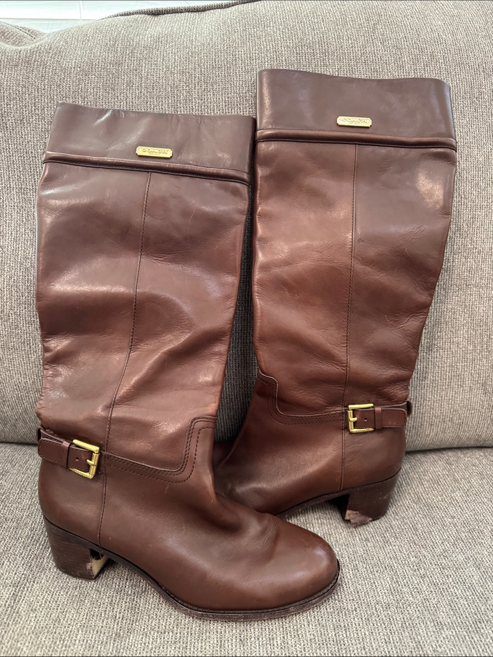 Coach Brown Leather Knee-High Boots with Gold Buckle